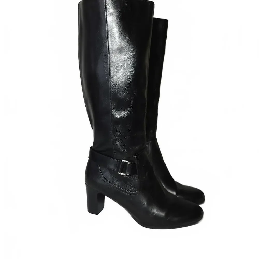 LifeStride Knee-High Women's Black Size 8.5 Block Heel Boot Polished Side Zip